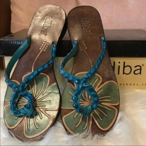 Bundle 2 pair Diba Beaded Leather Buckle Loop Toe Thong Sandals Flats Flip Flop - Picture 2 of 6
